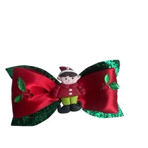Festive Red and Green Bow with Elf Decoration